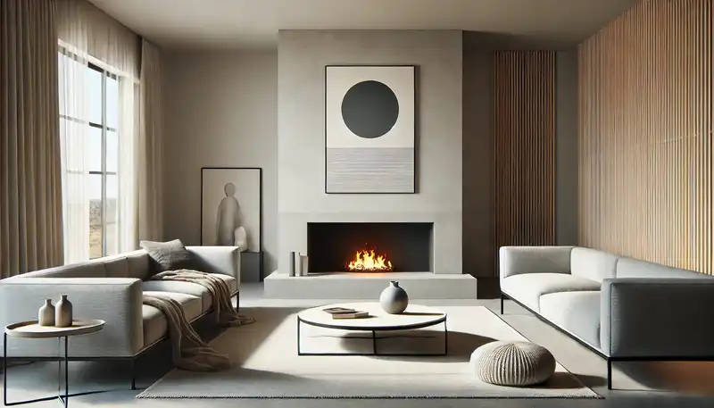 A minimalist living room featuring a focal point, like a bold statement piece of art above a sleek fireplace