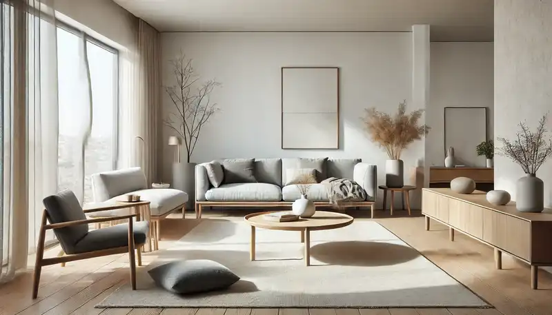 A minimalist living room featuring neutral colors with white walls, gray furniture, and wood accents