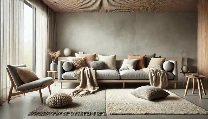 A minimalist living room that uses soft textures to add depth, including wool rugs, throw blankets, and textured cushions on a gray sofa