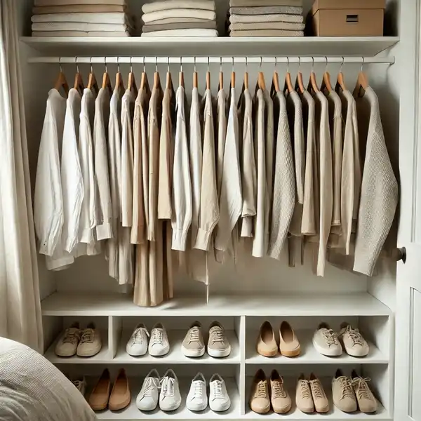 Minimalist Closet Organization - A well organized minimalist capsule wardrobe with neatly hung neutral colored clothing