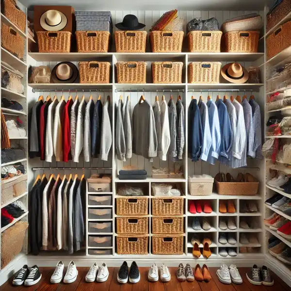 Minimalist Closet Organization - An organized closet divided into categories with baskets for accessories, matching hangers for clothes