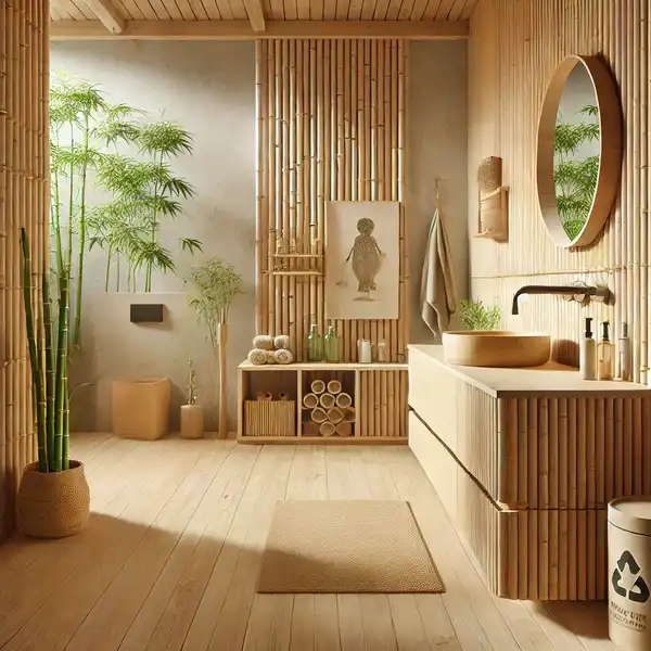 Eco friendly minimalist bathroom designs featuring bamboo cabinets, low flow faucets, and recycled materials