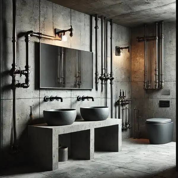 Industrial minimalist bathroom designs featuring exposed pipes, concrete sinks, and dark metal fixtures