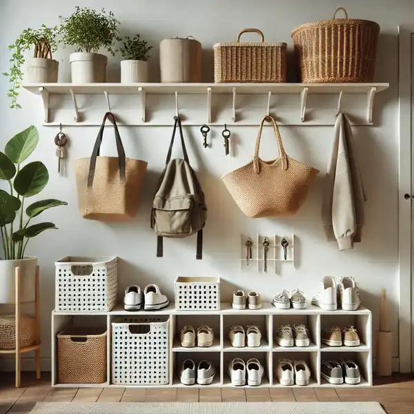 Minimalist entryway design with baskets, hooks, and floating shelves