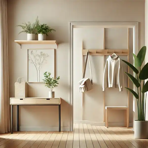 Minimalist entryway design with functional furniture like a slim table or wall shelf