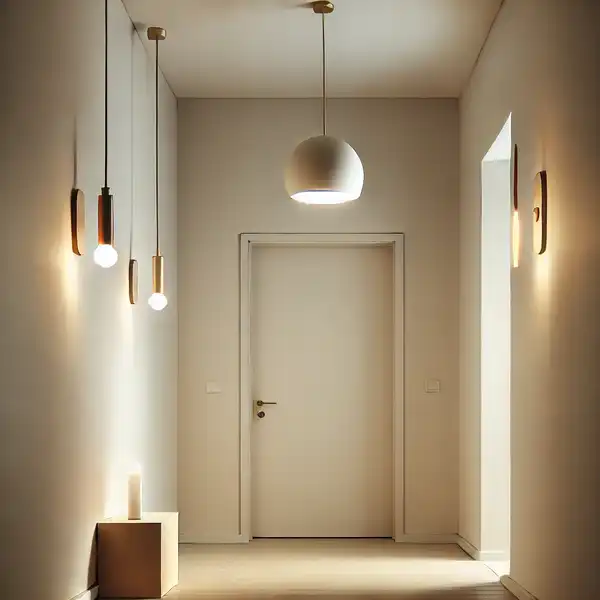 Minimalist entryway design with soft lighting, such as a simple pendant light or a wall sconce