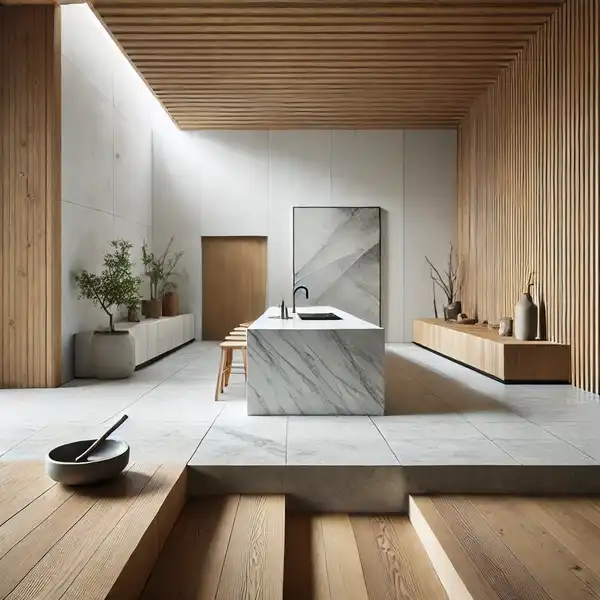 Minimalist Architecture Design - Minimalist space that uses natural materials like wood, stone, and glass, integrating.