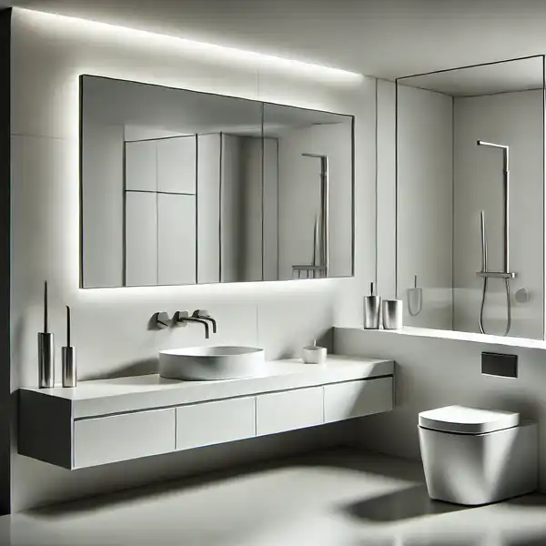 Modern minimalist bathroom designs with sleek lines, geometric shapes, and floating fixtures