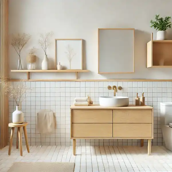 Scandinavian minimalist bathroom designs featuring light wooden cabinets, white tiles, and minimal decor