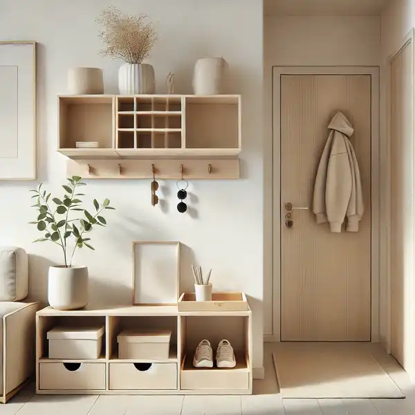 A minimalist hallway design with practical features hidden storage furniture