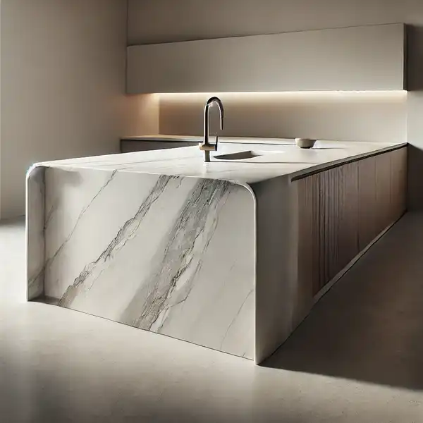 A minimalist kitchen island with a waterfall edge, where the marble countertop continues seamlessly down the sides of the island