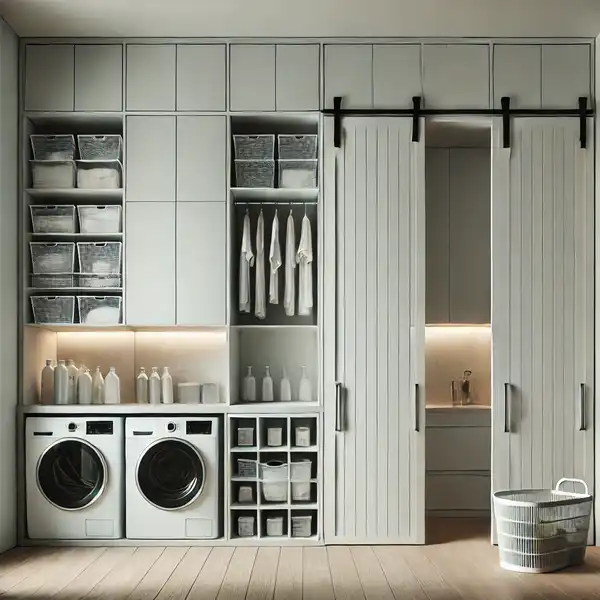 A minimalist laundry room with concealed storage, featuring built in floor to ceiling cabinets and sliding barn doors