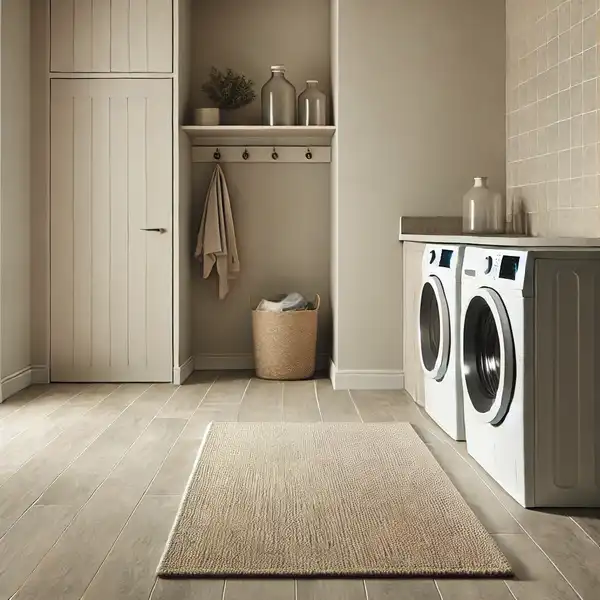 A minimalist laundry room with simple and functional flooring, featuring easy to clean vinyl or tile floors