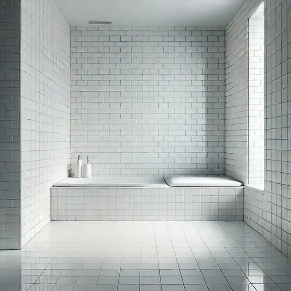 A sleek minimalist bathroom tile featuring classic white subway tiles laid in a horizontal pattern