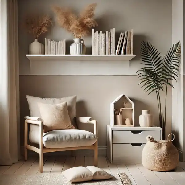 Cozy reading nook in a minimalist toddler room