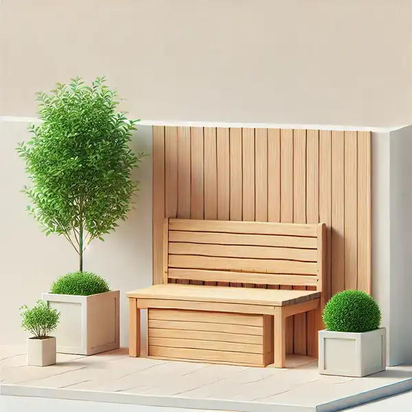 Minimalist Garden Design A minimalist garden scene featuring a wooden bench with storage underneath