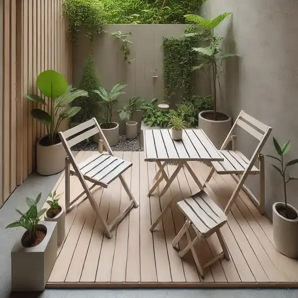 Minimalist Garden Design A minimalist small garden with compact furniture that folds and moves easily