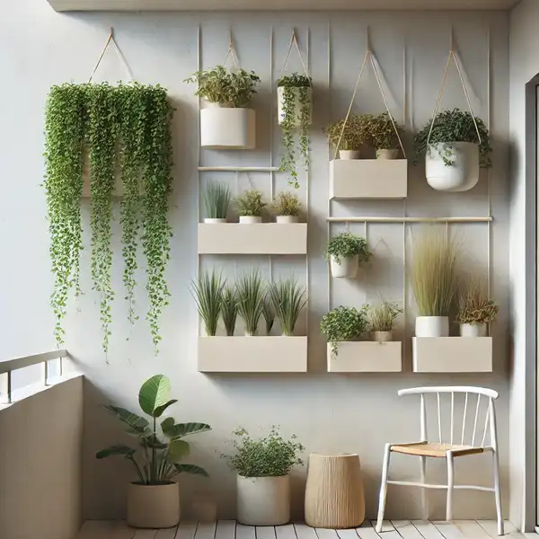 Minimalist Garden Design A minimalist vertical garden on a small balcony wall, with hanging plants in neat rows