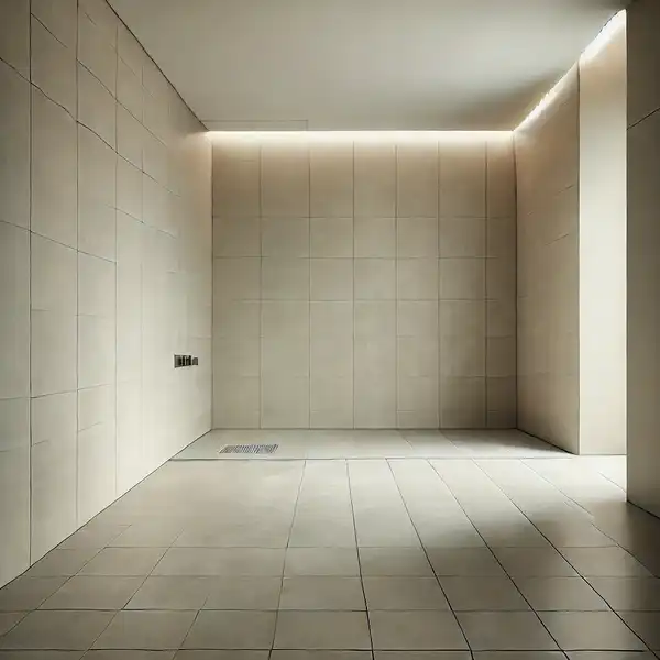 Minimalist bathroom tile featuring large format tiles in a soft neutral tone