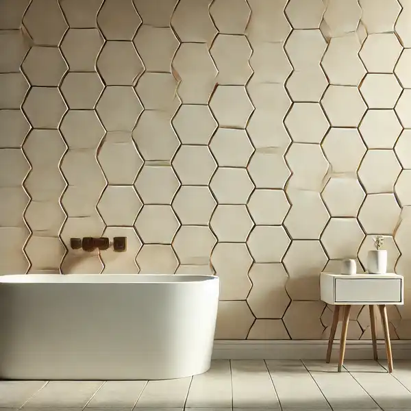 Minimalist bathroom tile ideas featuring geometric tiles in soft, neutral colors