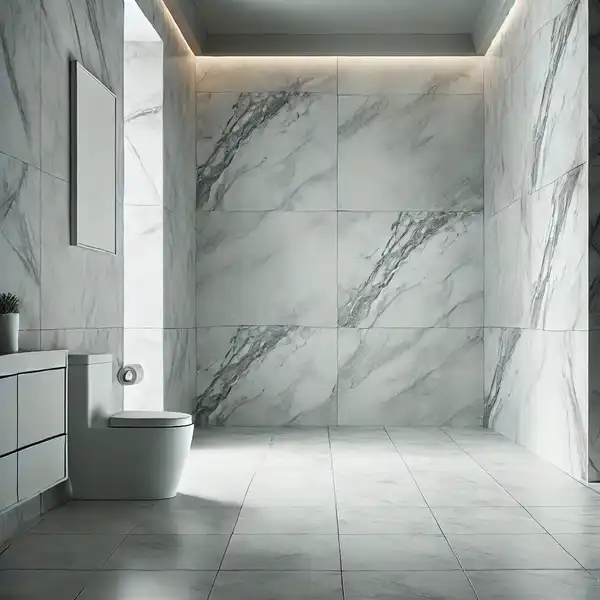 Minimalist bathroom tile ideas featuring marble look tiles with subtle veining