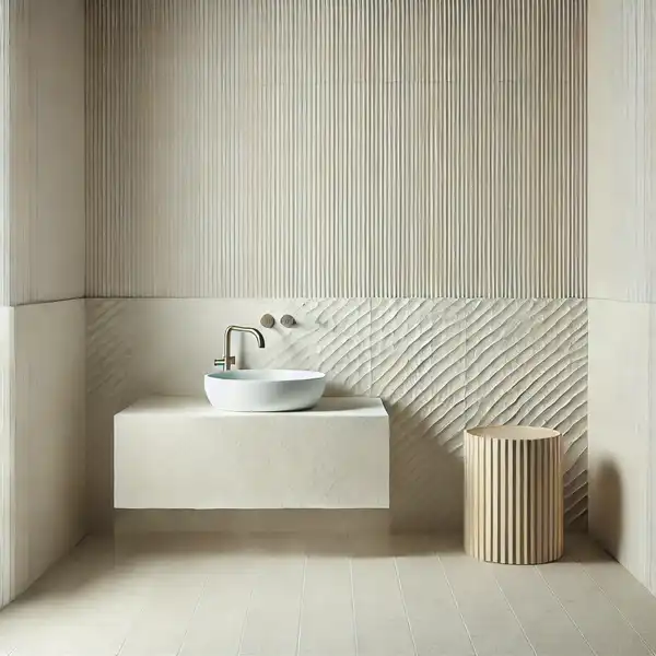 Minimalist bathroom tile ideas featuring textured tiles with a ribbed or stone like finish