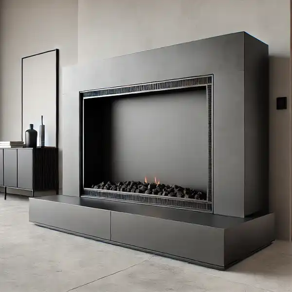 Minimalist fireplace ideas A modern minimalist fireplace made of metal, featuring a bold black or gray finish