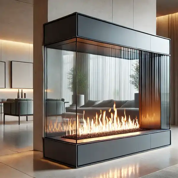 Minimalist fireplace ideas A sleek, modern glass front fireplace in a minimalist design