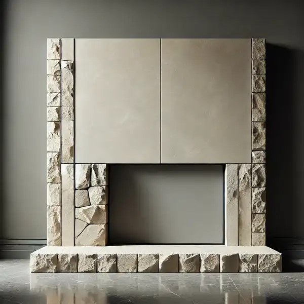 Minimalist fireplace ideas with a smooth, polished stone surround made of marble or slate