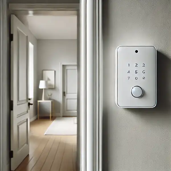 Minimalist home security system featuring a simple wall mounted alarm system