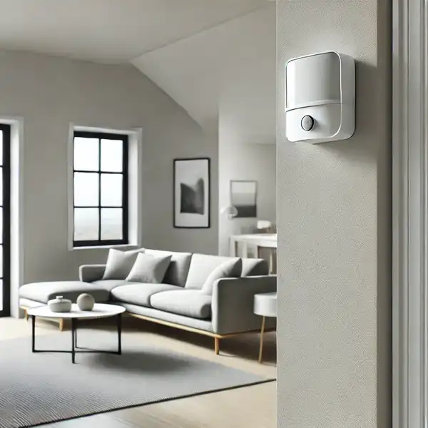 Minimalist home security system setup featuring a motion detector in a modern living room