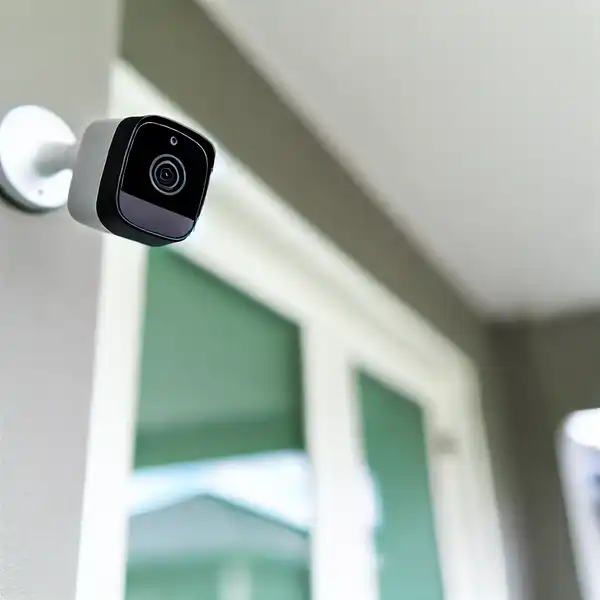 Minimalist home security system setup featuring a single wireless camera mounted near the front door of a modern house