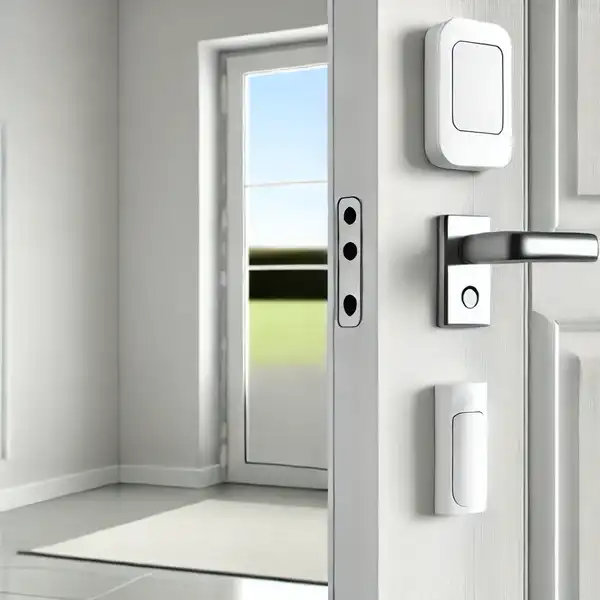 Minimalist home security system setup featuring door and window sensors installed on a door and window