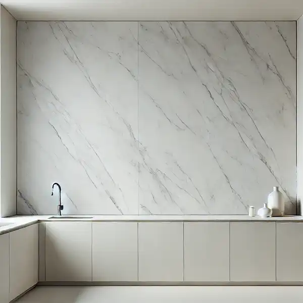 Minimalist kitchen backsplash design featuring a single slab of marble as the backsplash