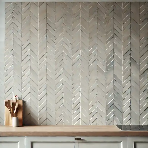 Minimalist kitchen backsplash featuring a subtle herringbone pattern made with neutral subway tiles