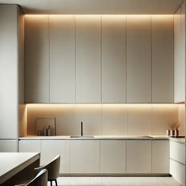 Minimalist kitchen backsplash with a full height backsplash that extends from the countertop all the way to the ceiling