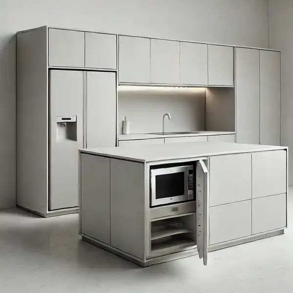 Minimalist kitchen island with hidden appliances, showing a clean, sleek design where the microwave and fridge are concealed behind