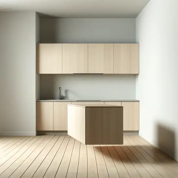 Minimalist kitchen with a floating island, attached to the wall but appearing to 'float' above the ground