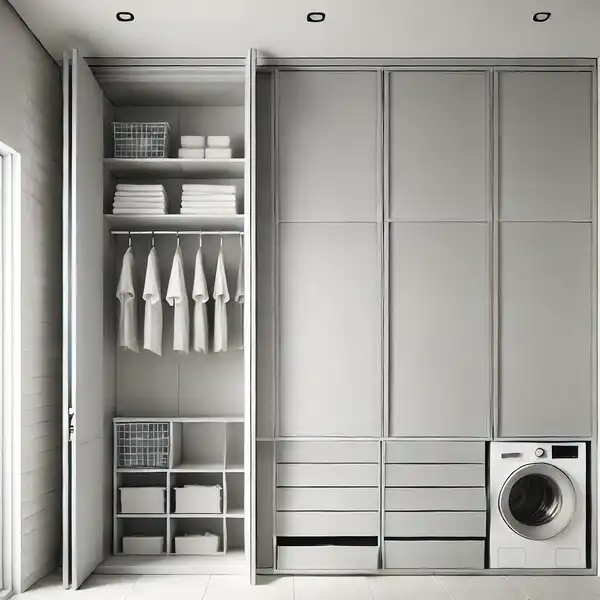 Minimalist laundry room with disappearing storage, featuring built in shelves and drawers