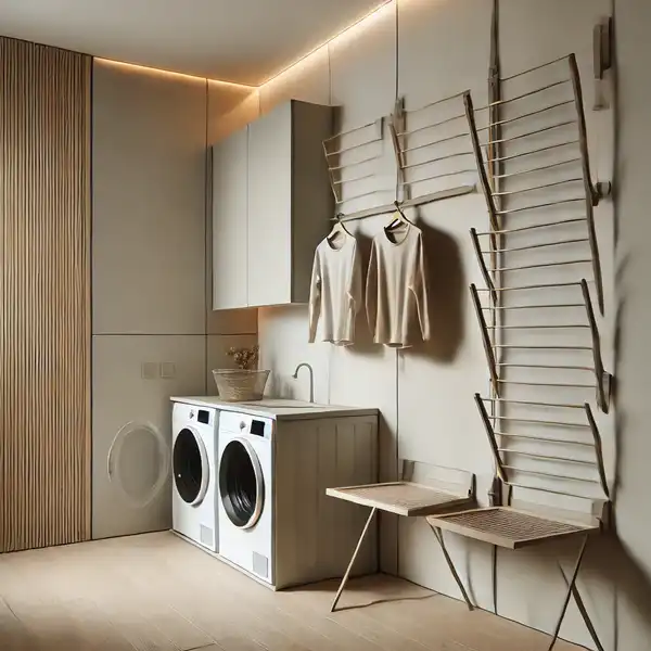 Minimalist laundry room with fold down drying racks, featuring wall mounted racks that can be folded flat