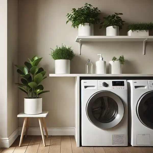 Minimalist laundry room with greenery, featuring a small potted plant placed on a shelf next to the washer and dryer