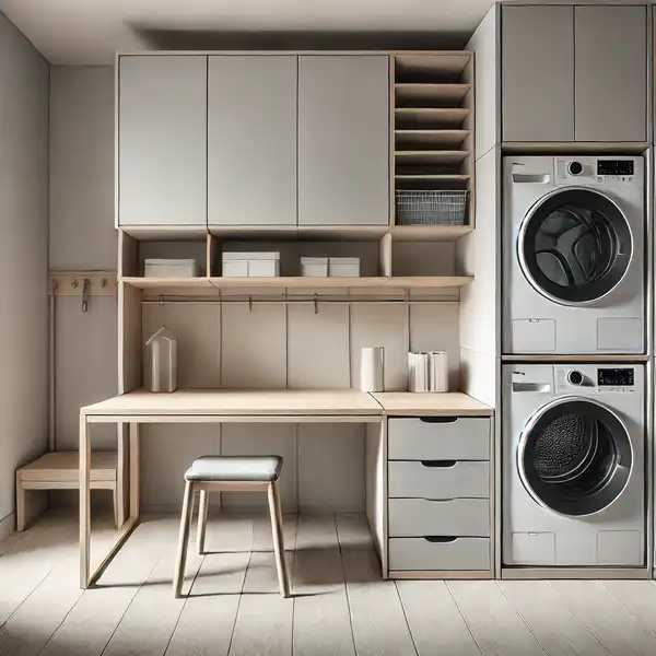 Minimalist laundry room with multipurpose furniture, featuring a folding table with built in storage and stackable washer