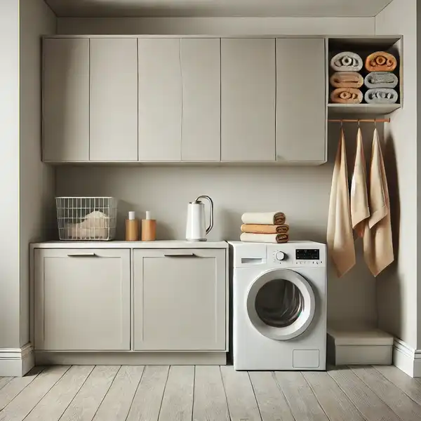 Minimalist laundry room with neutral colors, featuring white walls, gray flooring, and beige cabinets