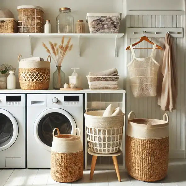 Minimalist laundry room with pretty laundry essentials on display, featuring woven seagrass hampers and stacked mesh bags