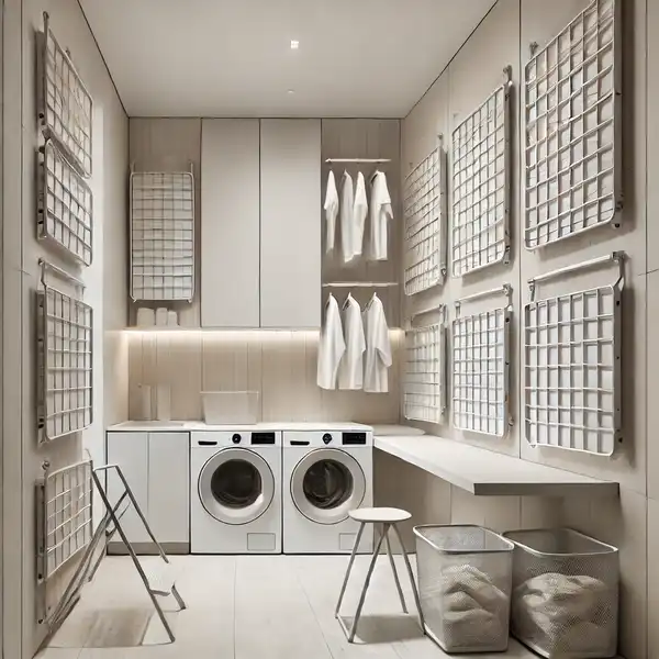 Minimalist laundry room with space saving drying racks, featuring foldable wall mounted drying racks