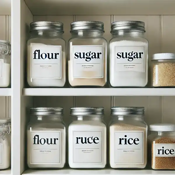 Minimalist pantry design A close up view of a pantry shelf with labeled jars and containers