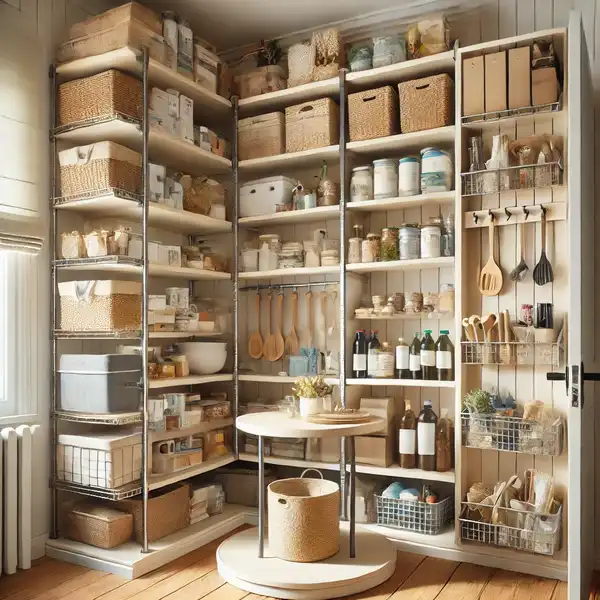 Minimalist pantry design A creative pantry storage design featuring shelf risers, door racks, and a Lazy Susan for easy access to items