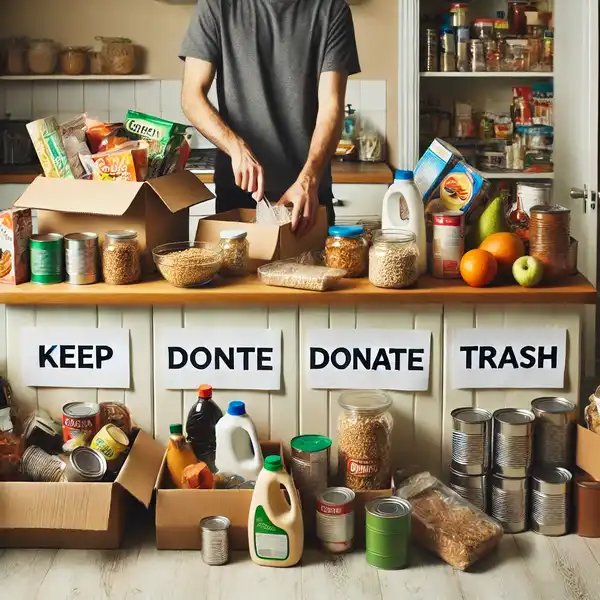 Minimalist pantry design A messy kitchen counter full of various food items and pantry products like cans, grains, and snacks