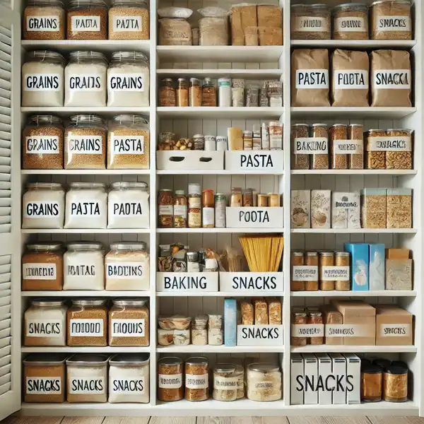 Minimalist pantry design An organized pantry with sections neatly grouped