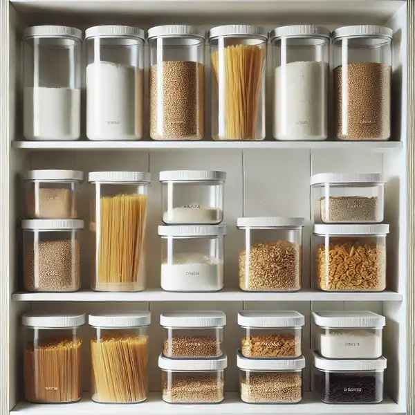 Minimalist pantry design with matching clear, airtight containers on shelves